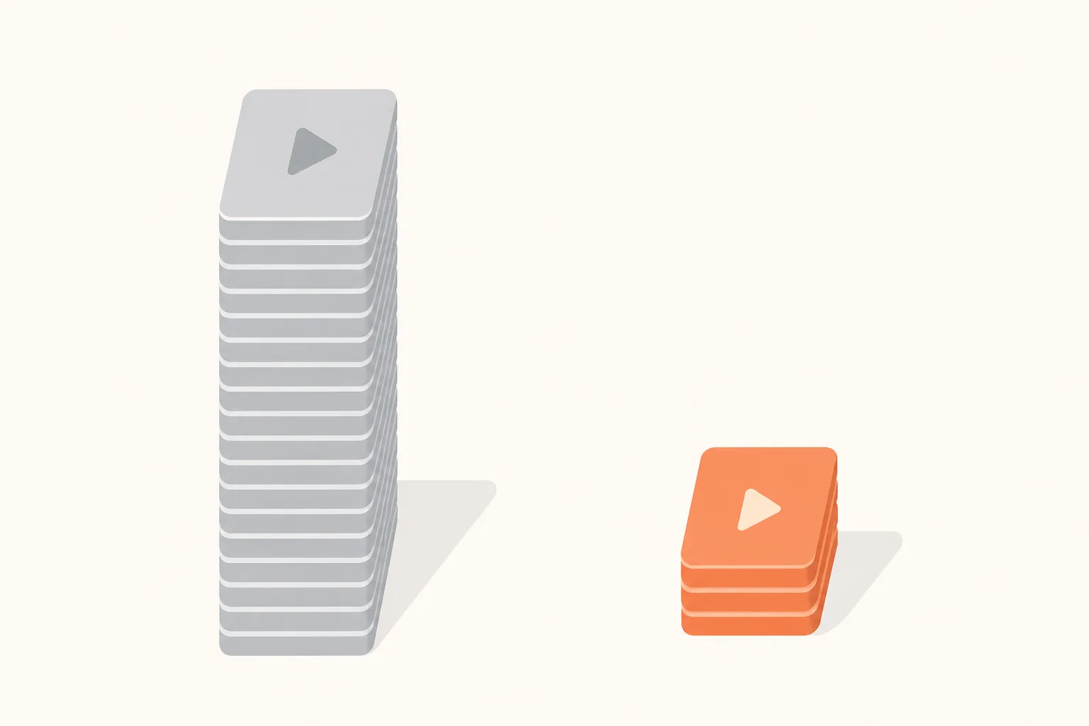 an illustrated comparison of two stacks of video tiles, one large stack and one small stack, representing volume of ad creative tested against cost