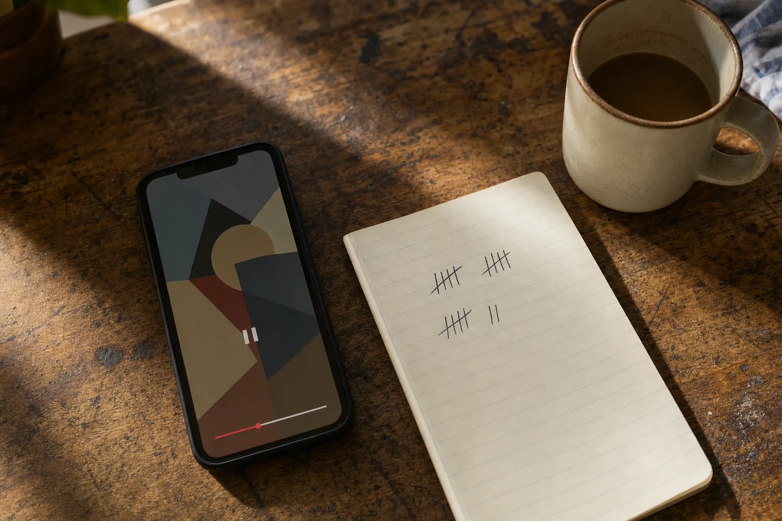 A phone on a kitchen table showing a paused reaction clip, next to a notebook where someone has been counting attempts by hand