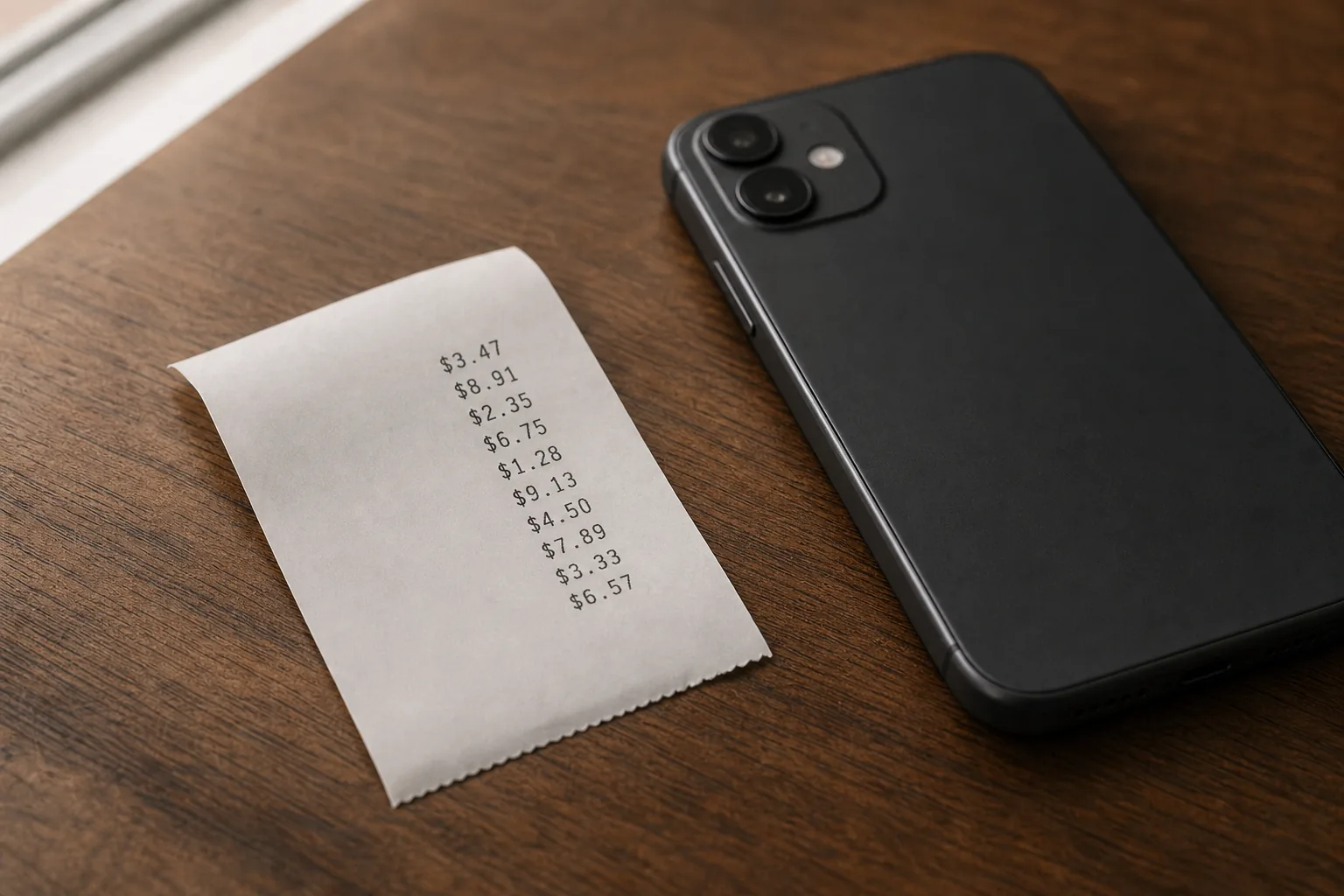 a paper payment receipt on a wooden desk beside a phone, printed with a column of small per-video amounts