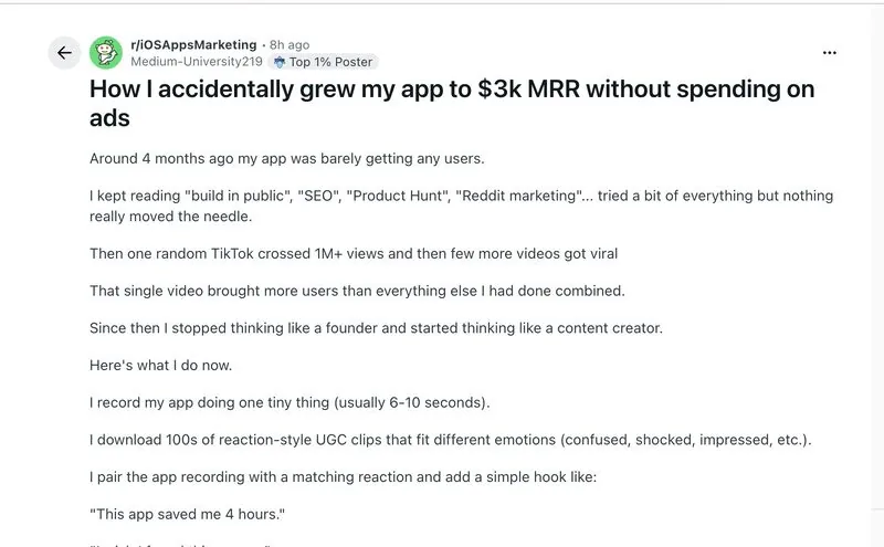 Dan's LinkedIn post about a founder reaching 3k MRR on zero ad spend posting one to two short-form videos a day